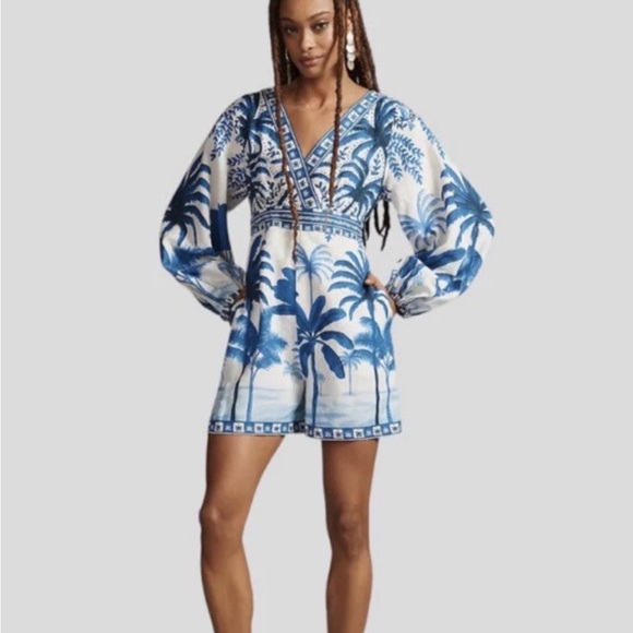 FARM Rio Pants - Farm Rio x Anthropologie Blue and White Palm Print Romper